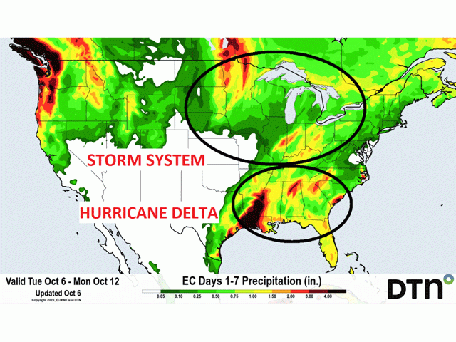 Stormier conditions, in part due to Hurricane Delta, are indicated for much of the Midwest and Southeast going into mid-October. (DTN graphic)