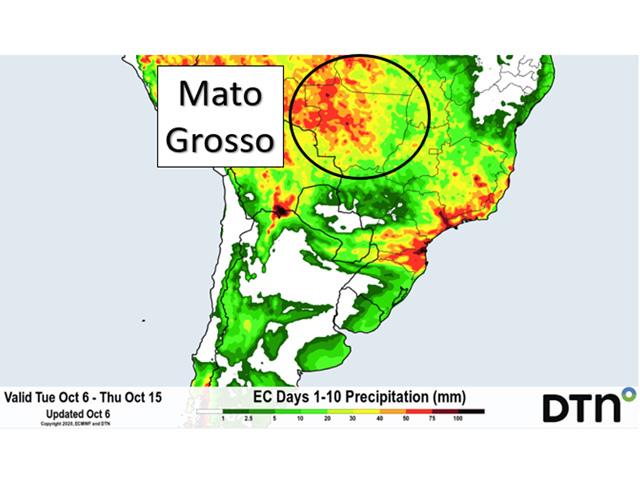 The central Brazil wet season is expected to start during the Oct. 10-11 weekend, about two weeks later than the 30-year average. (DTN graphic)