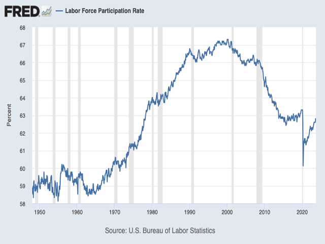 The labor force participation rate has been declining for two decades. And Americans aren&#039;t producing enough children to replace themselves. Without immigration, the result could be perennial labor shortages. (Graphic by fred.stlouisfed.org)