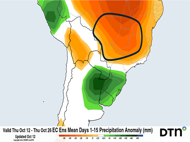 The forecast rainfall for the next two weeks in central Brazil, circled, is below normal (DTN graphic)