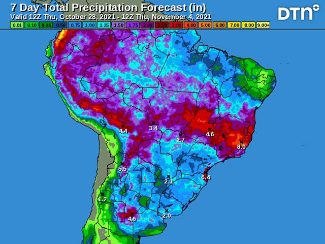 Widespread rainfall is forecast across the entire South America crop region during the next seven days. (DTN graphic)