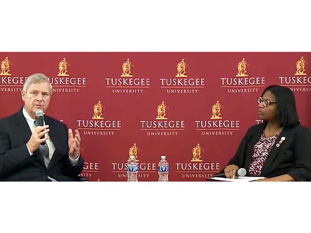 Agriculture Secretary Tom Vilsack discusses the USDA&#039;s Partnerships for Climate-Smart Commodities with Olga Bolden-Tiller, dean of the College of Agriculture, Environment and Nutrition Sciences and 1890 Research Director at Tuskegee University. (Image from USDA video)