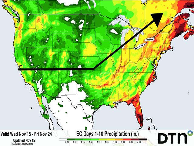 The ECMWF model forecasts a storm to track (in black) from California into the Plains this weekend, then hook northeast into Ontario and Quebec early next week. While this image includes precipitation outside of this storm, widespread areas of moderate-to-heavy precipitation are forecast with this system. (DTN graphic)