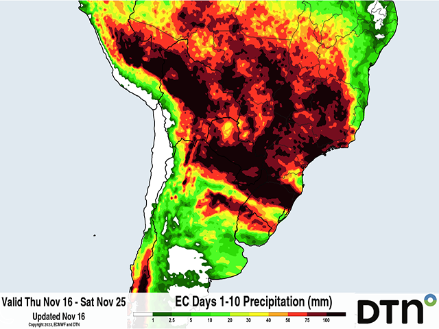Rainfall forecast through Nov. 25 is very heavy and more typical of wet season rainfall in central Brazil. (DTN graphic)