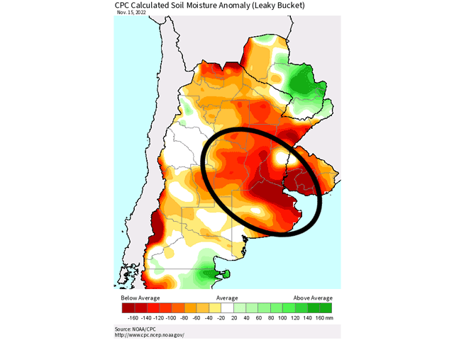Soil moisture remains poor for most of Argentina&#039;s primary growing regions as drought continues despite periods of showers that have moved through. (NOAA graphic)