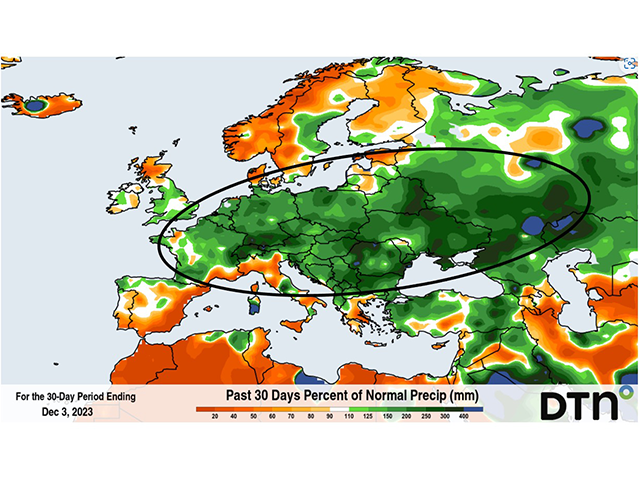 Primary grain areas of Europe have had from 200-400 percent of normal rainfall during the past 30 days except for southernmost areas. (DTN graphic)