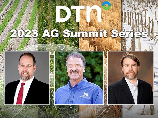 2023 DTN AG Summit Series featuring (from left) David Martin, Howard Halderman and Jeramy Stephens (DTN photo composition)