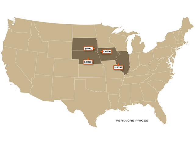 Per-acre prices of recent farmland sales. (DTN graphic)