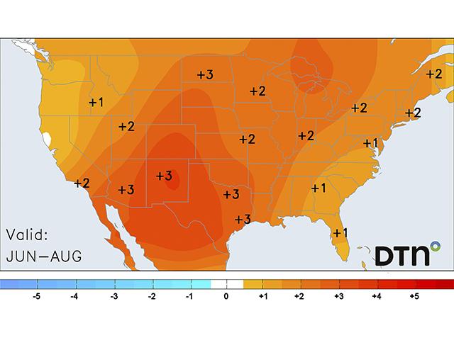 Warmer temperatures are on tap this summer for most of the U.S. (DTN)