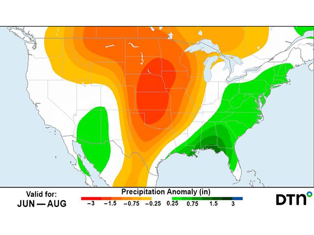 A hot and dry summer is unfortunately forecast for much of the central U.S. (DTN graphic)