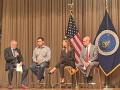 From left, National Farmers Union President Rob Larew moderates a discussion on Agriculture Department staffing issues with a panel composed of Farm Service Agency Administrator Zach Ducheneaux; Terri Meighan, the chief human capital officer at USDA&#039;s Farm Production and Conservation division; and Bernhard Kluger, a senior adviser to the agriculture secretary. (Photo by Jerry Hagstrom)