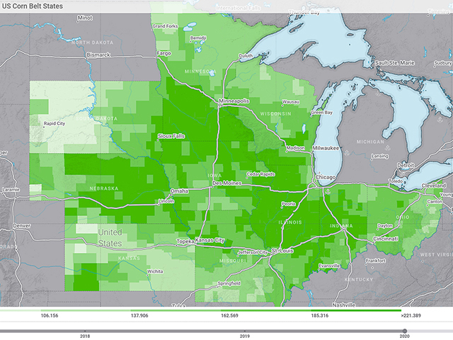 The darker the green shading, the higher the corn-yield estimates. This map is from the 2020 Digital Yield Tour. (DTN File Photo)