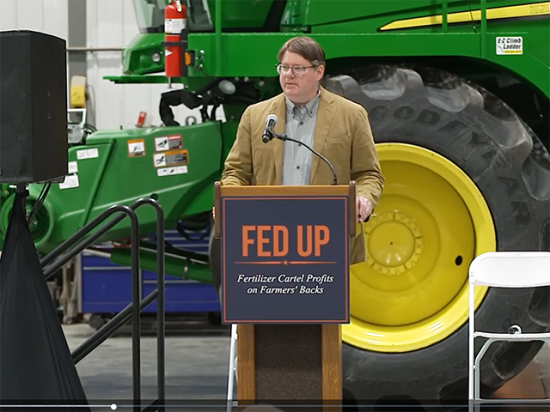 USDA Deputy Secretary Stephen Vaden speaks to more than 170 farmers on Friday in Iowa about fertilizer markets and what he sees as potential anticompetitive practices by the industry. Vaden heard from farmers and others about high prices and industry pressure. (Image from Iowa Corn Growers video