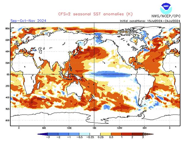 Models are still forecasting La Nina conditions -- below-normal temperatures in the equatorial Pacific Ocean -- for the fall season. (Source NOAA)