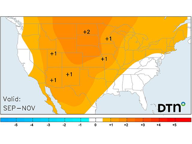 Much of the U.S. is expected to see a slight increase in average temperatures from September through November 2025. (DTN Graphic)