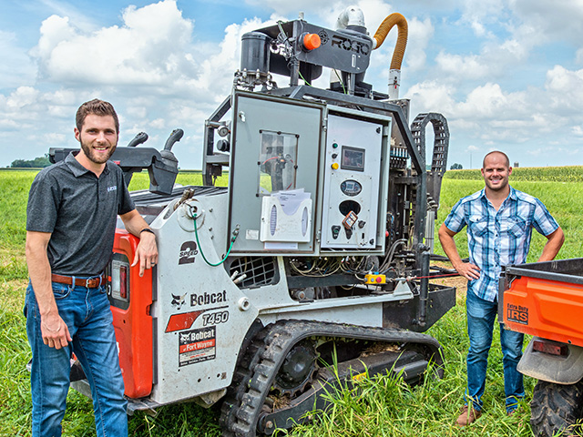 Rogo Ag&#039;s Drew Schumacher (left) and Troy Fiechter see future soil sampling as mostly automated or robotic. (DTN/Progressive Farmer photo by Dave Charrlin)