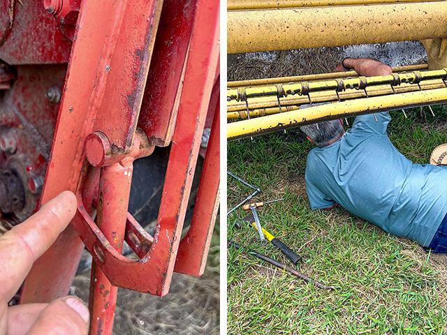 Take the time to set the safety stop (left). The farmer (right) took the time to engage the safety stop on his hay cutter before working on the equipment. (Steve Thompson)