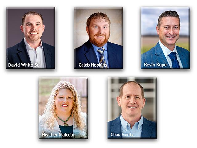 From left, David White Sr., Heather Malcolm, Caleb Hopkins, Chad Gent, Kevin Kuper (Photos provided by the featured ag lenders respectively)