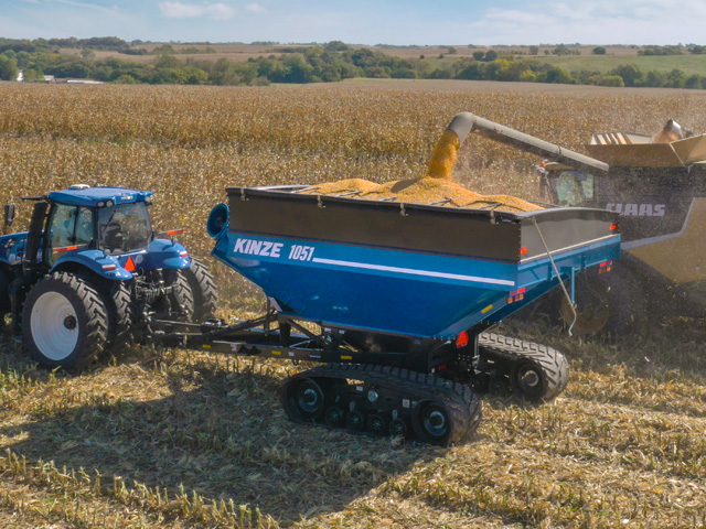 Grain cart maintenance before and during harvest is essential to keep combines rolling in the fall. (Photo courtesy of Kinze Manufacturing)