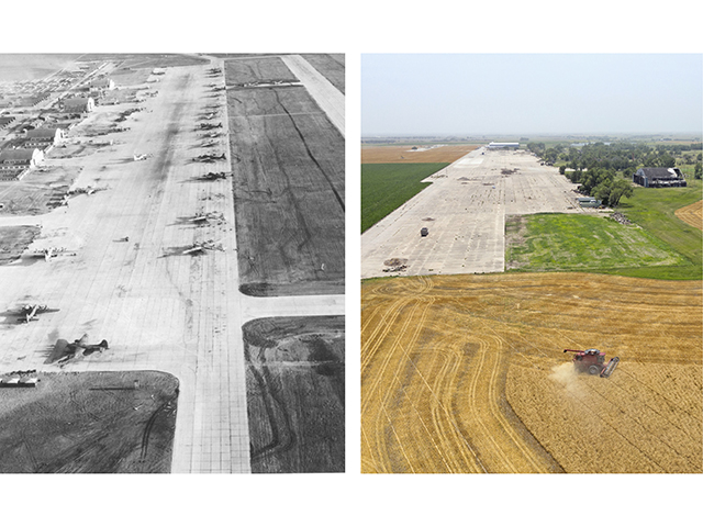 Between 1943 and 1945, Walker Army Airfield trained thousands to fly the B-29 bomber, but, today, wheat flies off that same field. (Progressive Farmer image by USAAF and Joel Reichenberger)