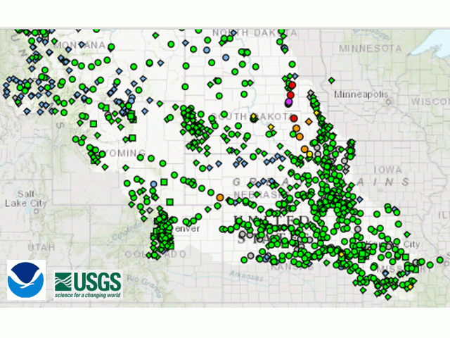 Streamflow volume in the Missouri River Basin is largely at average levels and non-threatening for flooding. (NOAA/USGS graphic)