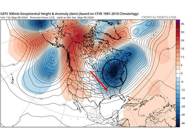 Polar vortex-source cold shows signs of blanketing the north-central and eastern U.S. with a Mother's Day weekend freeze. (Tropical Tidbits graphic)