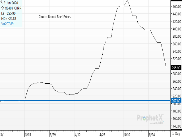 Boxed beef prices have fallen 62% from their historic May highs, but further losses are likely to continue as markets readjust to stable beef supplies. (DTN ProphetX chart)