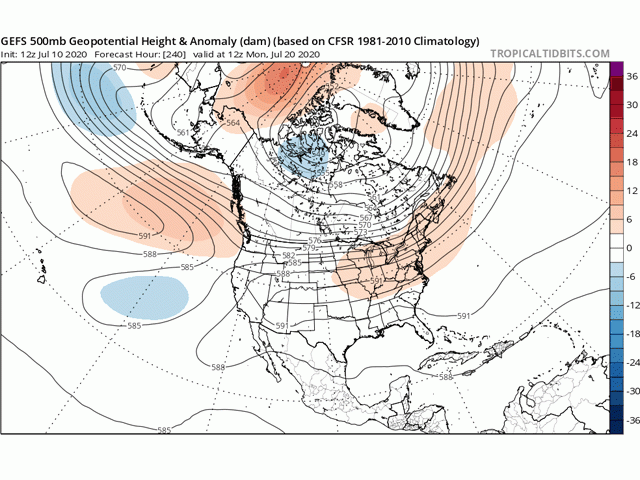 A broad ridge of high pressure over the Southern Plains and southern Midwest is forecast to be a hot and dry weather maker during the middle of July. (Tropical Tidbits graphic)