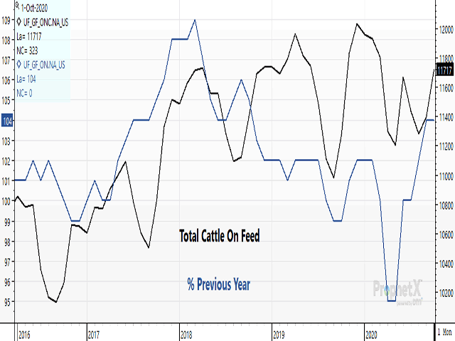 Oct. 1 Cattle on Feed was reported at 11.7 million head in feedyards 1,000 head or larger. This is 104% above a year ago and slightly above pre-report estimates. Total cattle on feed numbers are now at the highest level since March 1 as seasonal gains continue to develop. (DTN chart)