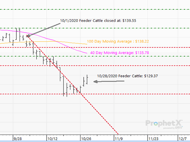 The live cattle and feeder cattle markets often walk hand in hand. As corn prices rallied, live cattle prices weakened and supply outweighed demand in the countryside. So, it comes as no surprise that feeder cattle prices weakened too. (DTN ProphetX chart by ShayLe Stewart)