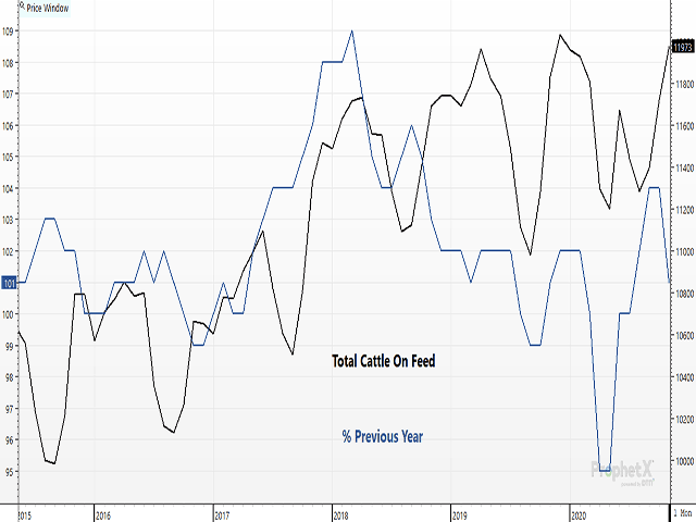 The November USDA Cattle on Feed report showed cattle on feed up 1% from a year ago, with a total of 11.97 million head in the nation&#039;s feedlots of 1,000 head or larger. Total on-feed numbers are slightly less than pre-report estimates. (DTN ProphetX chart by Rick Kment)