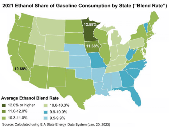 DTN ranks the 50 states by ethanol-blending rates in 2021, according to data from the U.S. Energy Information Administration. (Graphic courtesy of the Renewable Fuels Association)