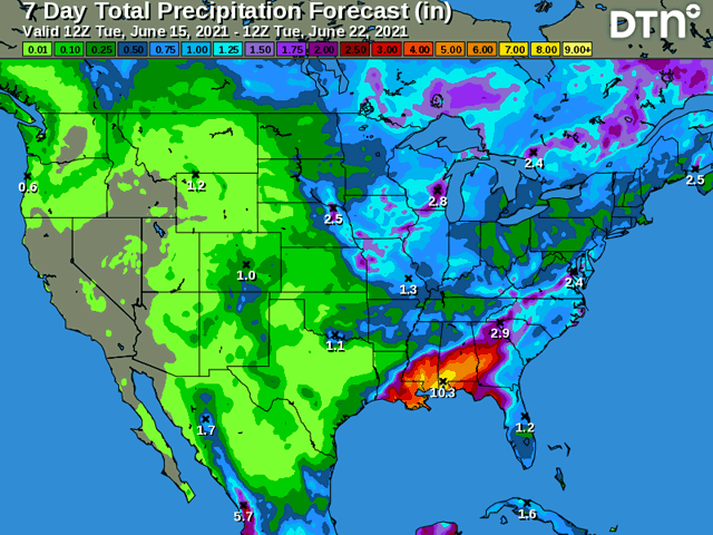 Isolated showers are expected with a front through June 20. Scattered showers move across the northern tier over the weekend and into next week. Tropical moisture will move into the Gulf Coast this weekend and into next week. (DTN graphic)