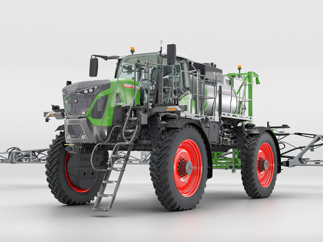 The Rogator 900 is a self-propelled, rear-mounted boom applicator with adjustable clearance. It offers operators the ability to quickly switch between liquid and dry systems. (Photo courtesy of AGCO Fendt)