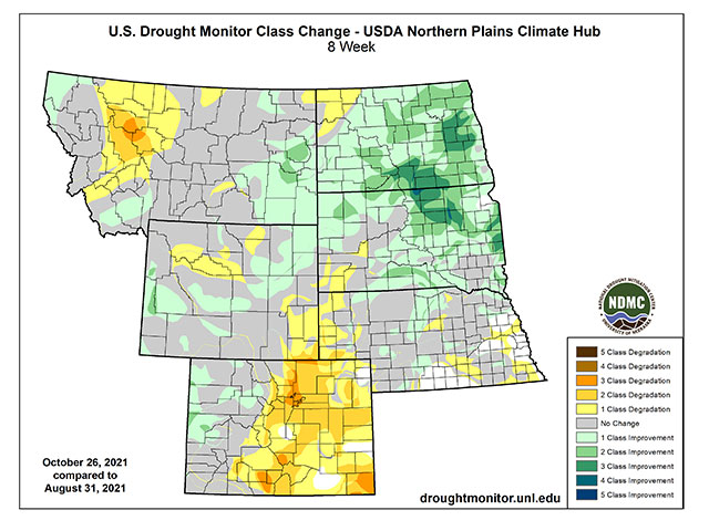 Large areas of the Northern Plains have seen drought category improvement of at least three levels since late August. (NDMC graphic)