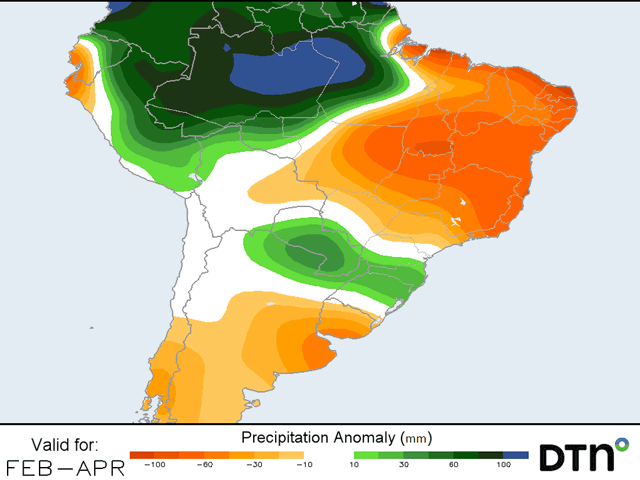 February rainfall forecast from DTN is expected to be above normal over southern Brazil, but below normal over the heavier production areas in central Brazil. Precipitation is expected to return more toward normal in central Brazil and below normal in southern Brazil by April and May. (DTN graphic)