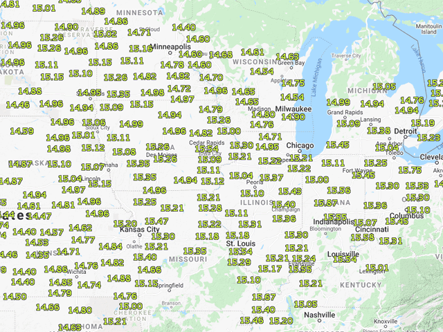 Cash soybean bids across the Corn Belt largely begin with $15, as shown by this image from DTN&#039;s Market Tracker. (DTN ProphetX image) 