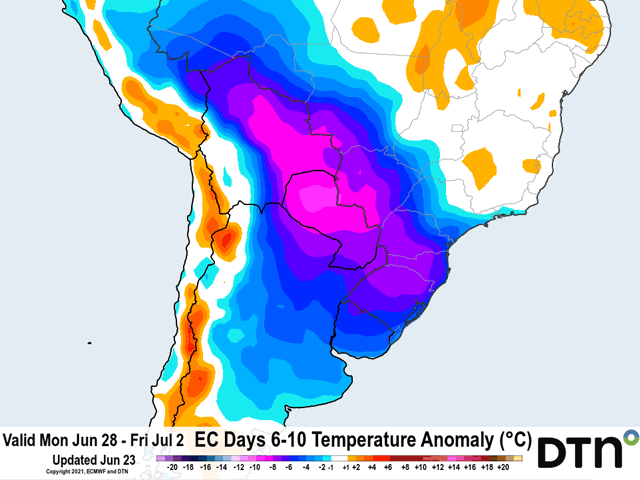 Temperatures will plummet behind a cold front that moves through Argentina and southern Brazil. A few frosty mornings are forecast across the region. (DTN graphic)