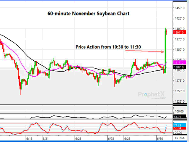 Following the release of USDA&#039;s June 1 Grain Stocks and Acreage reports Wednesday, corn and soybean futures surged, after trading sharply lower just before the release. Here is the 60-minute chart of November soybeans that ended at 11:30 a.m. CDT. (DTN ProphetX chart by Dana Mantini)
