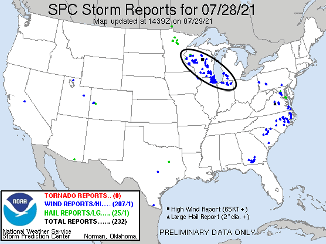 A long path of damage was recorded from severe thunderstorms July 28-29. (NOAA/SPC image)