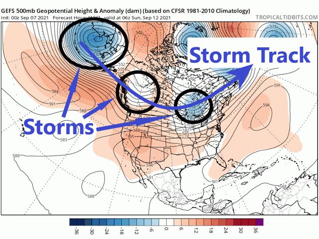 A weakened ridge that will move into the Four Corners Region by Sept. 11 should allow an active pattern of systems to move through Canada for much of the rest of September. (Tropical Tidbits graphic)