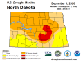 Crop-withering drought in North Dakota featured Extreme Drought (D3) forming in December 2020 -- the earliest on record. (National Drought Mitigation Center graphic)