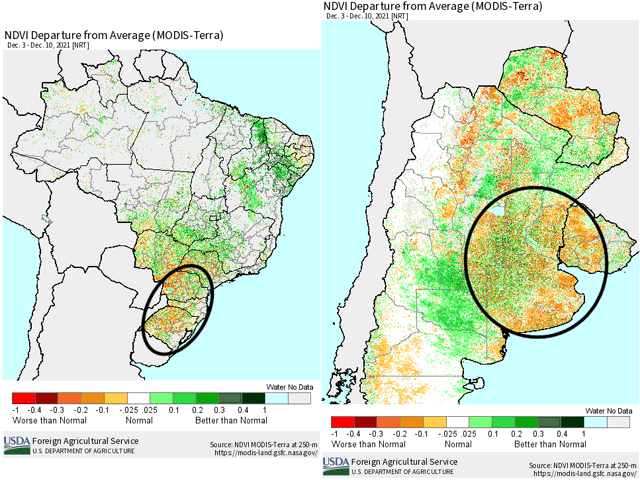 Normalized Difference Vegetation Index (NDVI) can be used as a measure of vegetative health. Areas shaded in green are generally doing well, while those in orange and red are doing poorly. (USDA graphic)