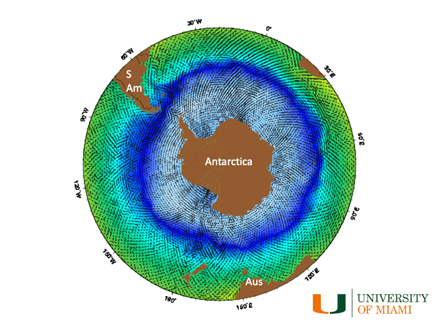The Antarctic Circumpolar Current (dark blue), the only ocean current that flows completely around the globe, is showing signs of speeding up due to energy from stronger winds related to sustained warming. (University of Miami graphic)
