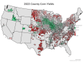 The national average corn yield was 173.3 bushels per acre in 2022. Counties shaded green had yields that were higher than the national average, while those in red came in below average. (DTN map by Kathryn Myers)