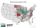 The national average soybean yield was 49.5 bushels per acre in 2022. Counties shaded green had yields that were higher than the national average, while those in red came in below average. (DTN map by Kathryn Myers)