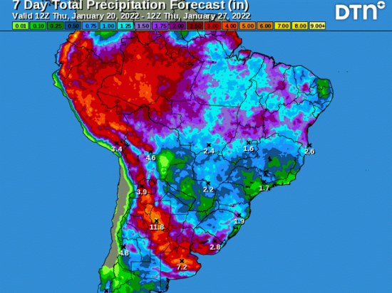 Another week of good rains across Argentina and southern Brazil will be needed to build soil moisture back for late-planted and safrinha crops. (DTN graphic)