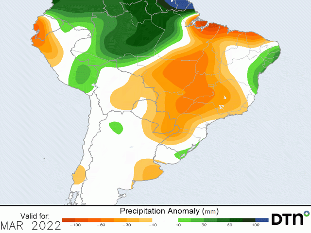 March does not appear to be a helpful month for safrinha corn in Brazil as precipitation for the month continues to trend below normal. (DTN graphic)