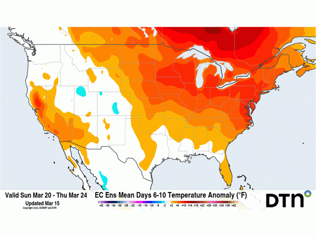 Warm air continues to be in place through at least March 24. (DTN graphic)