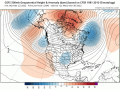 The upper-air pattern depicted here on March 30 will be typical for the last week of March and the first two weeks of April. The lack of strong ridges (in red) or deep troughs (in blue) across North America will lead to weaker, fast-moving storm systems. (Tropical Tidbits graphic)